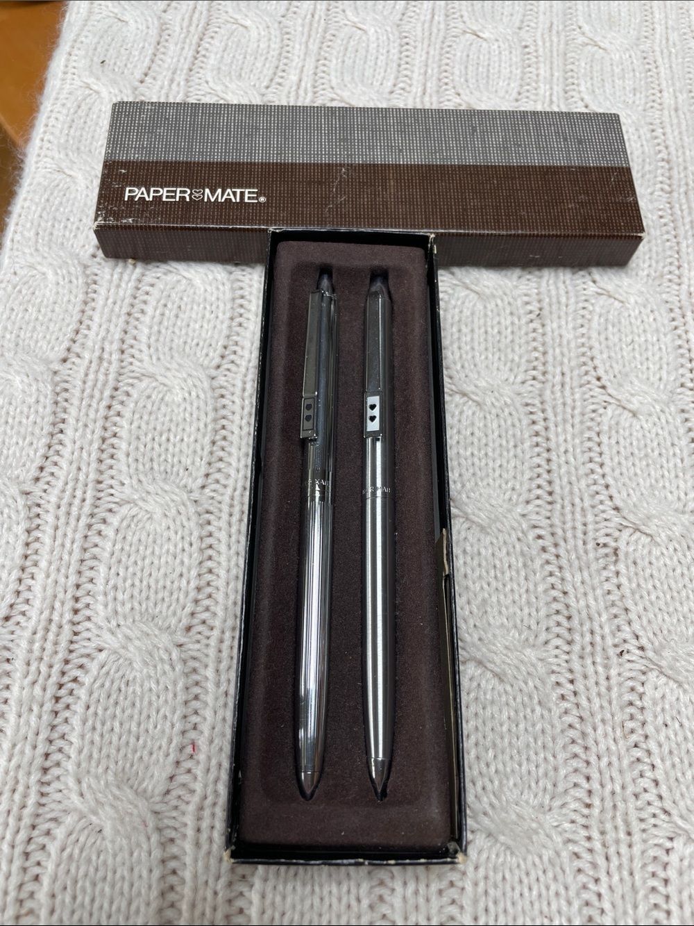 VTG unused Paper Mate Double Heart Slim Profile Chrome Pen & Pencil Set with box
